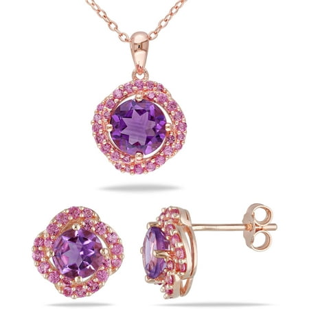 Tangelo 3-3/4 Carat T.G.W. Amethyst and Created Pink Sapphire Rose Rhodium-Plated Sterling Silver Halo Pendant and Earrings Set, 18
