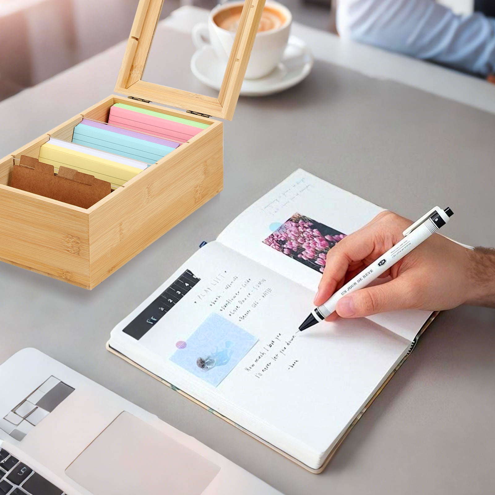 Bamboo Index Card Organizer - 3x5 Index Card Holder Box With Dividers - Wood Recipe Box With Lid - 4 Compartments For 1200 Cards - 5.9"W x 9.84"D x 3.97"H