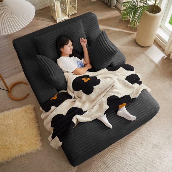 Oversized Chaise Lounge Chair, Corduroy Sofa Bed with Deep Seat and Pillows, No Assembly Required Indoor Sleeper Couch for Living Room Bedroom Office- Black