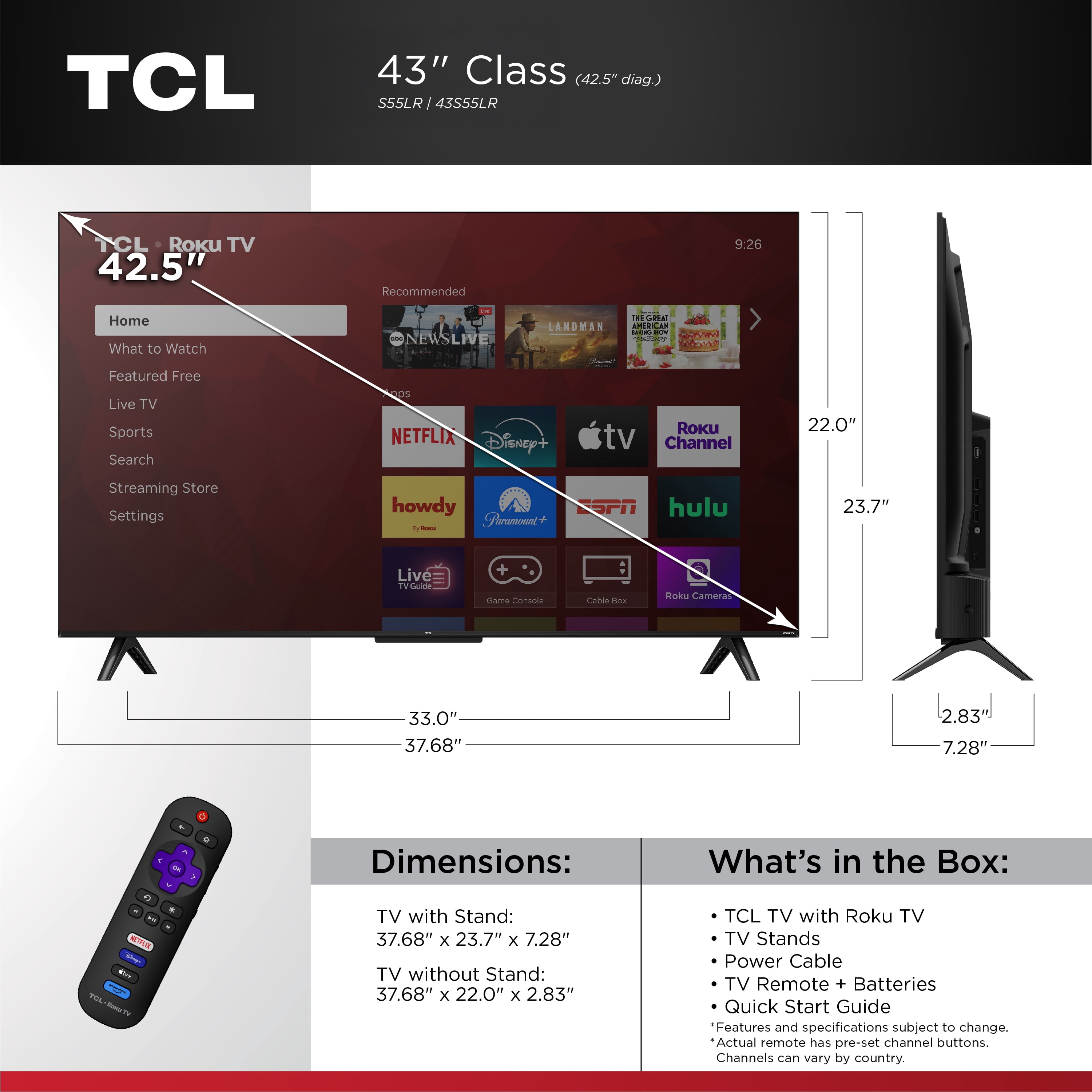 TCL 43” Class S55LR Series 4K HDR LED Smart Roku TV (New 2026) - High Brightness LED Backlight, Wide Color Gamut, Motion Rate 240, Auto Game Mode - 43S55LR