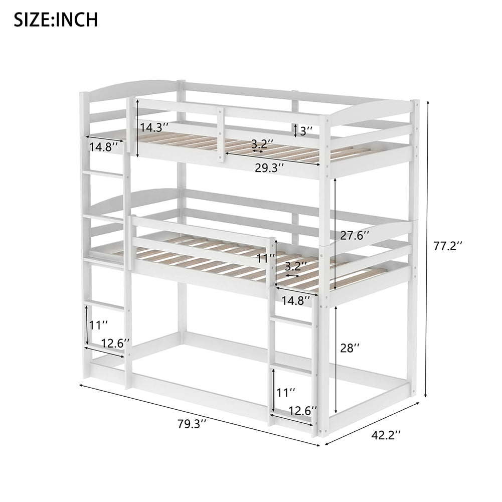 Kadyn Bunk Beds for Kids, Solid Wood Twin Triple Bunk Beds / Loft Bed for Kids/Adults, No Box Spring Needed-White