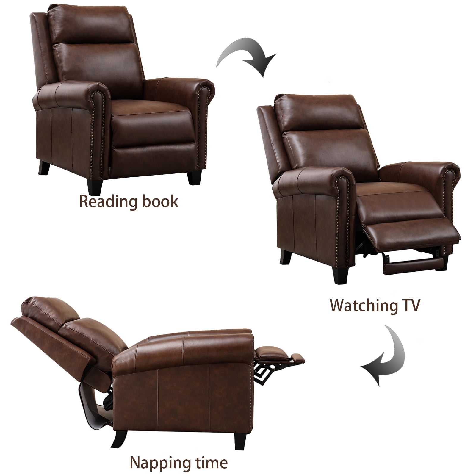 Bonzy Home Genuine leather Recliner Push Back Recline Chair with Classic and Traditional Armrests inlaid with Vintage Rivets, Brown