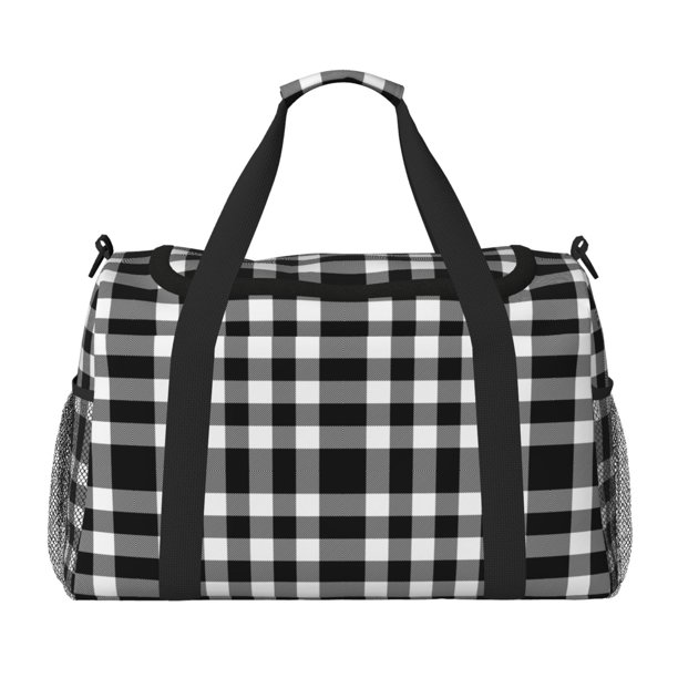 Balery White And Black Plaid Bolsa de Gimnasio para Mujeres, Bolsa de Viaje con Bolsillo Húmedo, Bolsa de Fin de Semana para Mujeres, Bolsa de Viaje Resistente al Agua