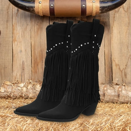 

ZMHEGW Boots For Women Autumn Winter Suede Double Layered Tassel Pearl Chunky Heel Pointed Toe Mid Long Boots Shoes