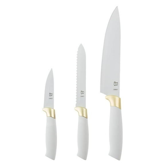 Beautiful 3-Piece Soft Grip Stainless Steel Chef Knife Set White and Gold by Drew Barrymore