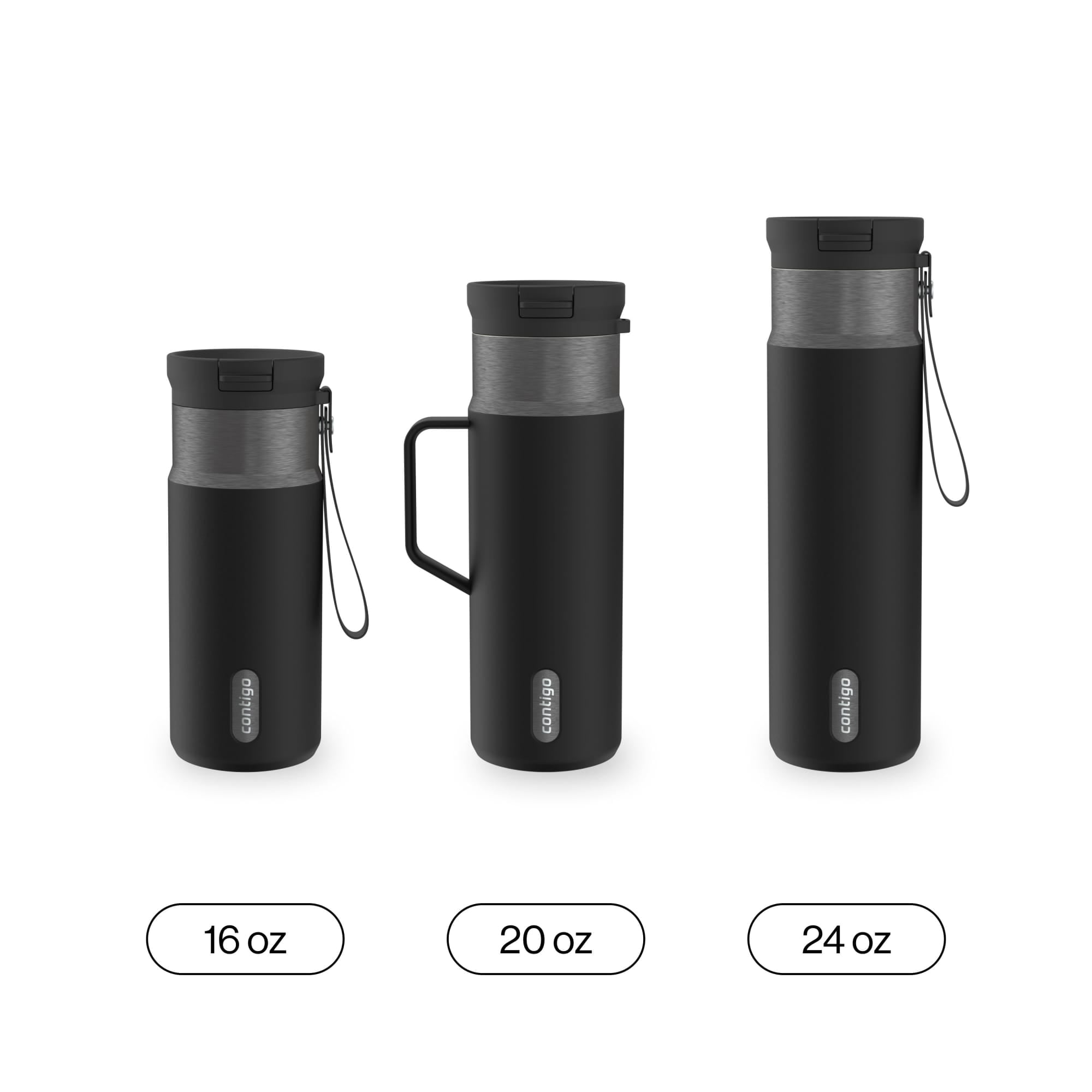 Contigo SnapSeal Leakproof Stainless Steel Reusable Water Bottle with Carrying Strap, Black/Silver, 16 oz