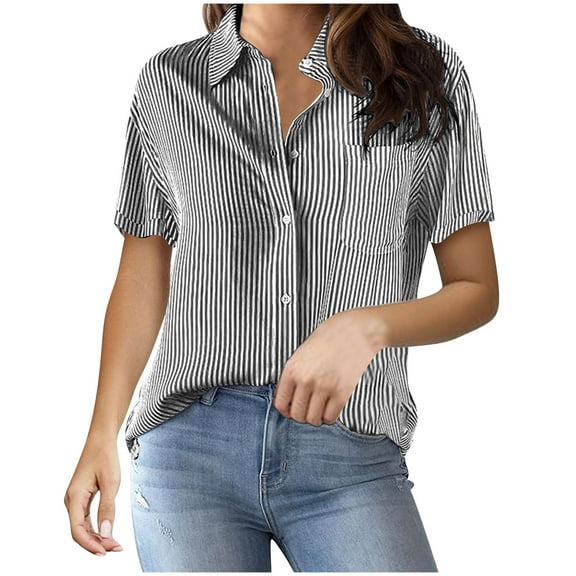 Women Button Down Shirts Stripe Printed Short Sleeve Basic Business Dress Shirt Loose Fitted Classic Lapel Button Up Working Blouse Tops Fall Trendy Outfit