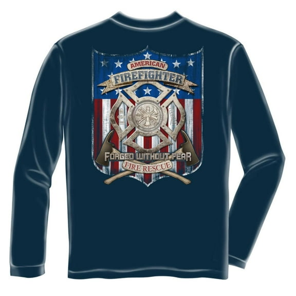 American Firefighter Fire Rescue Long Sleeve T-shirt by Erazor Bits, Blue