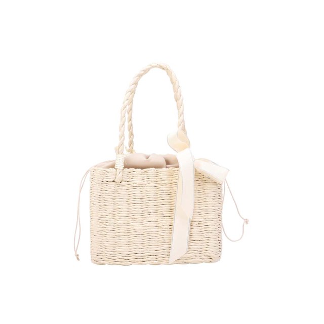 Bolso Mano Portátil Tejido Hecho A Mano para Playa Bolso Tipo Cesta Con Cinta Ratán (Beige)