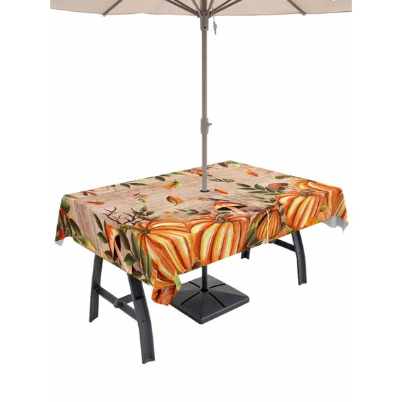 Outdoor Tablecloth with Umbrella Hole and Zipper, Orange Yellow Pumpkin Rectangle Table Cloth 60x120 Inch Waterproof Tablecloth, Thanksgiving Botanical Wooden Leaves Fall Picnic Table Cover for Patio