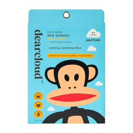 dearcloud x Paul Frank Juicy Julius Dew Essence Face Mask, Korean Sheet Mask - Tranexamic Acid, Niacinamide & Squalane (3 Pack)