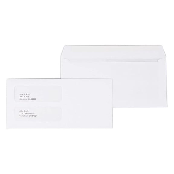 Business Envelopes, Double-Window, Gummed Flap Closure, 9 x 4.2 Inch, 1,000-Pack, White