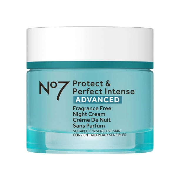 No7 Protect & Perfect Intense Advanced Night Cream sin fragancia - Crema facial con vitamina E y manteca de karité - Hidratante reductor de líneas finas con tecnología de péptidos de colágeno (1.69 fl