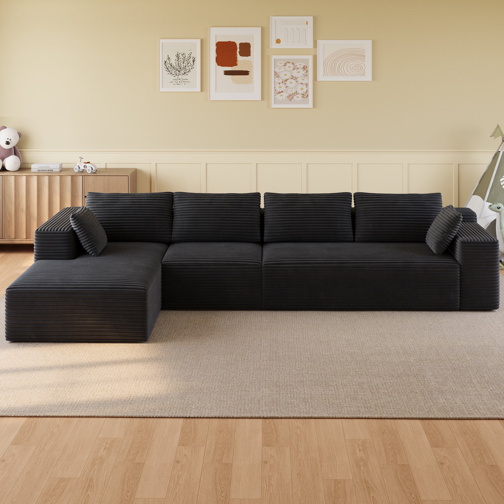 135" L-Shaped Cloud Modular Sectional Sofa, Corduroy Upholstery, Deep Seat Memory Foam Cushion, Black