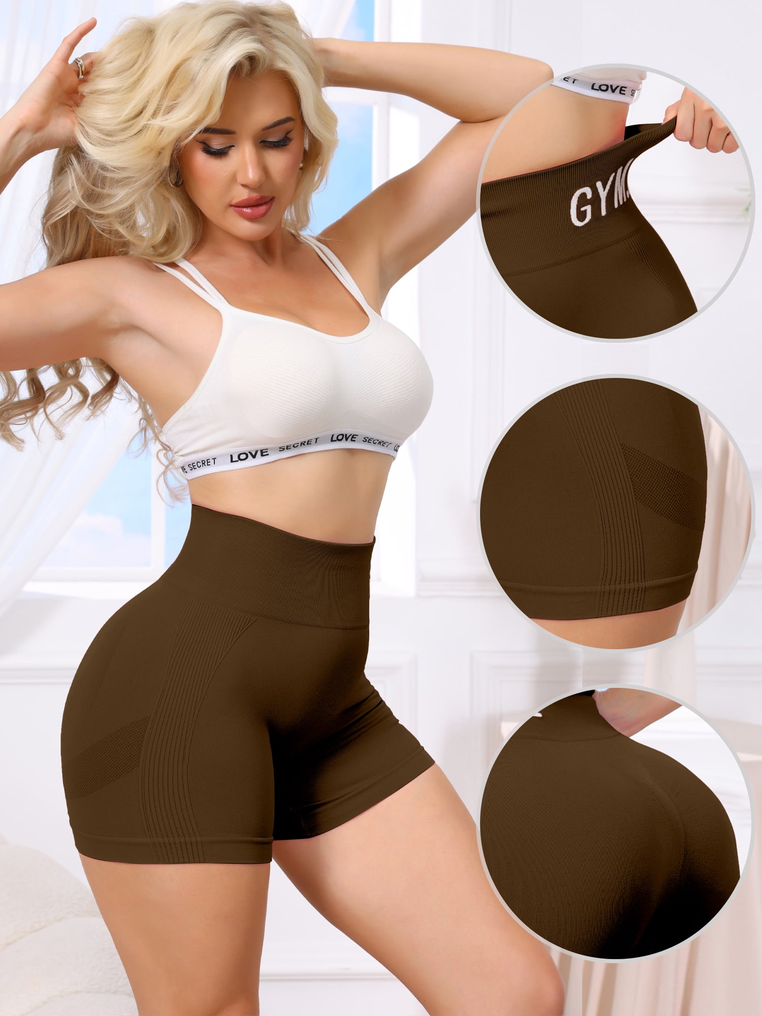 DARING DIVA Women's Letter Print High Waisted Workout Yoga Shorts M Dark Coffee
