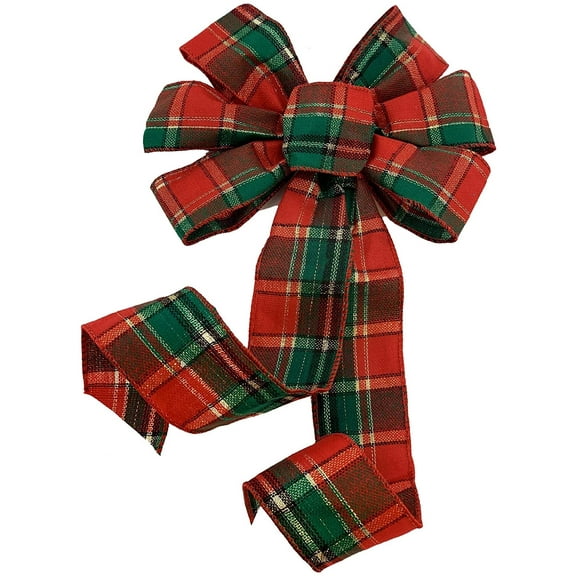 Green Red Plaid Christmas Bow - 10" Wide, 18" Long Pre-Tied Bow, Tartan, Door Decoration