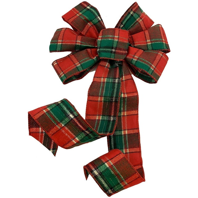 Green Red Plaid Christmas Bow 10" Wide, 18" Long PreTied Bow, Tartan