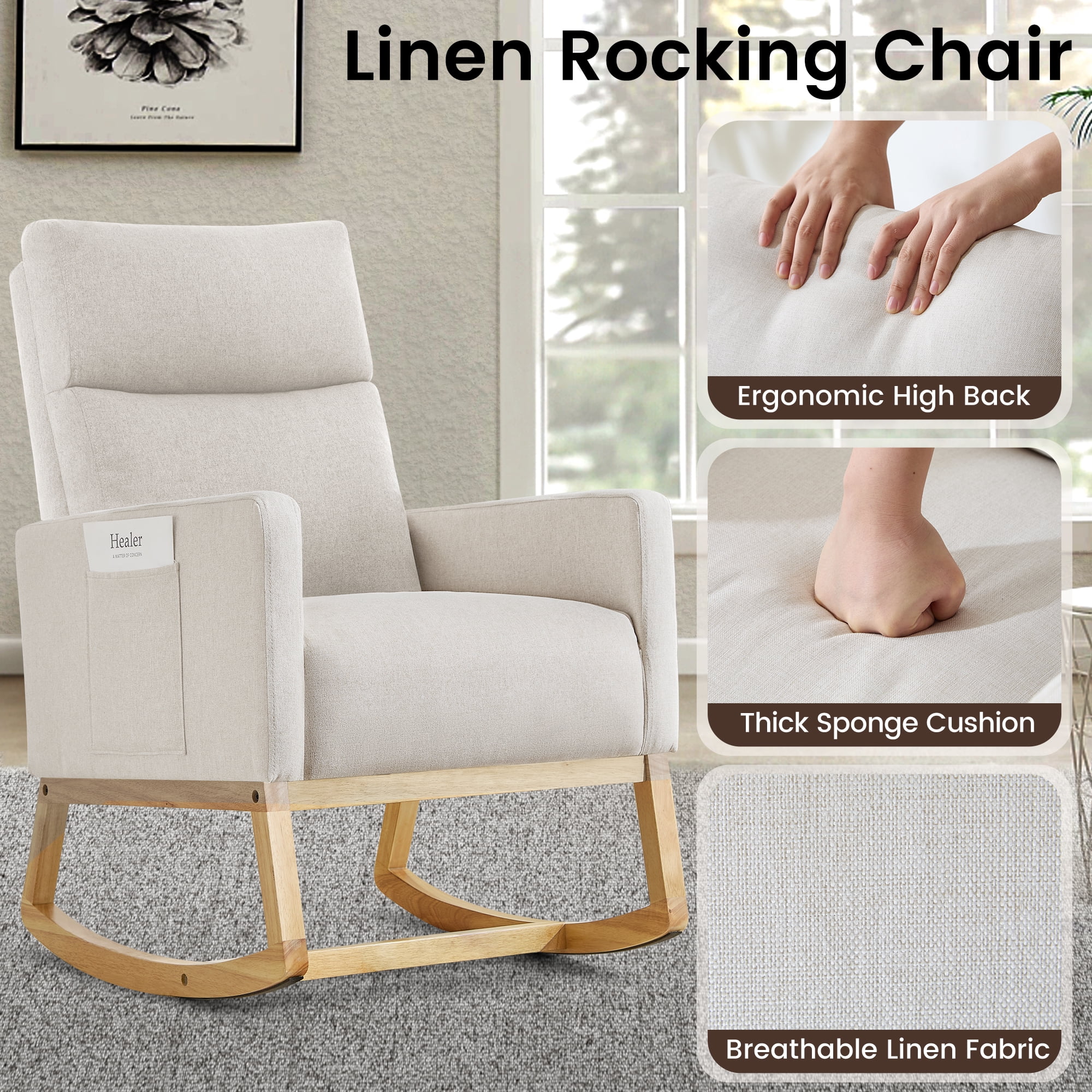 SAETSFEG Rocking Chair Nursery, Comfortable Upholstered Glider Rocker Chairs Indoor for Adults, Mid-Century Modern Nursing Accent Rockers for Living Room, Bedroom, Ivory