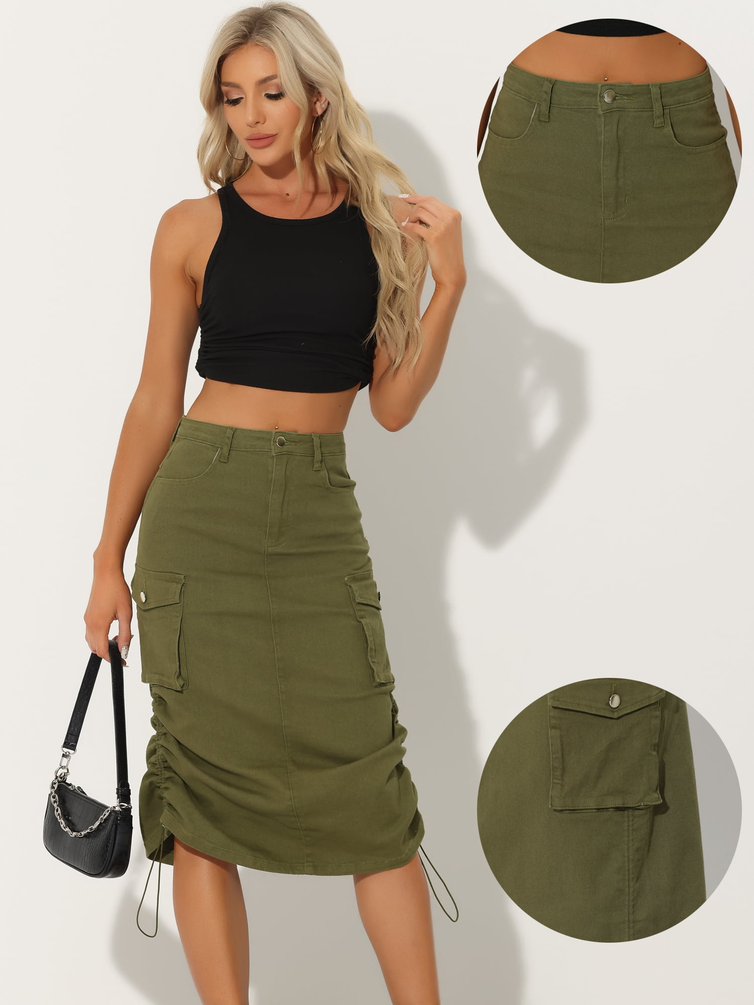 DARING DIVA Women's Y2K Adjustable Casual A-Line Midi Jean Skirt M Army Green
