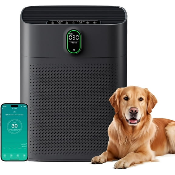 Smart Air Purifier for Large Rooms up to 1076 ft², Wi-Fi & Alexa Compatible, PM2.5 Air Quality Display, Auto & Quiet Modes (24dB), True HEPA Filter Removes Dust, Pollen, Smoke, Black