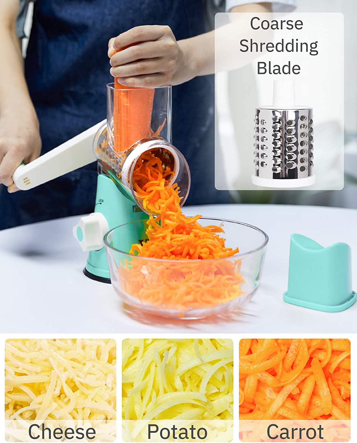  ZNM Rotary Cheese Grater, Hand Crank Cheese Grater with Handle  & 5 Interchangeable Blades, Plastic Round Mandoline Slicer for kitchen,  Vegetable Cutter for Nut, Carrot, Cucumber, Fruit, Send Gloves: Home 