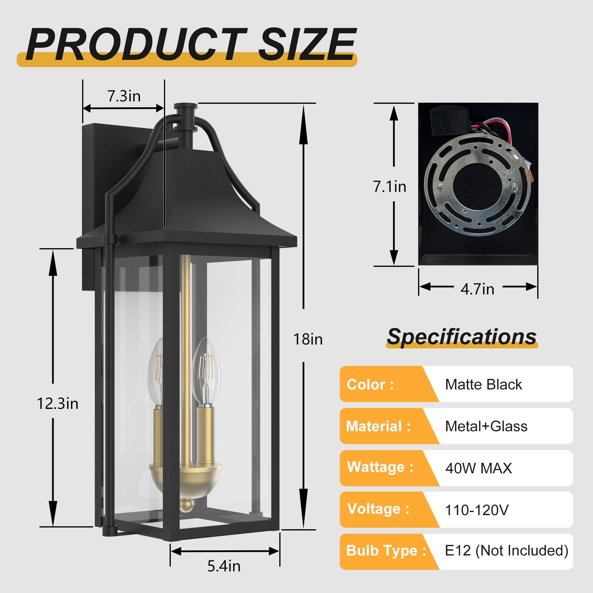 Lawyettle Dusk to Dawn Outdoor Wall Lantern, 18" Modern Black Exterior Wall Light for House, Waterproof Outdoor Lights for Porch, Front Door