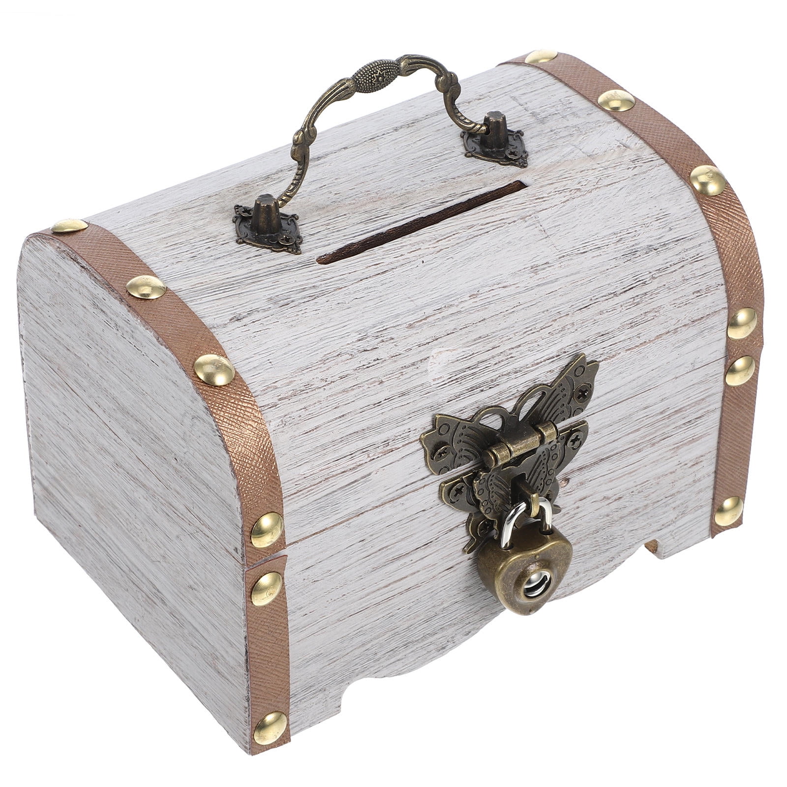 OFFIGAM Vintage Wooden Treasure Chest Coin Bank with Lock Multi Functional Storage Box