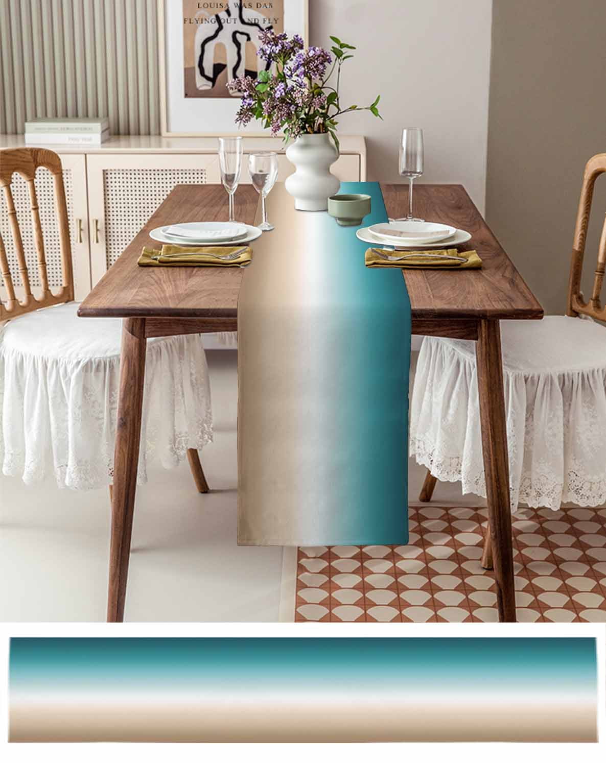 Ldtrchee Gradient, Table Runner 72 Inches, Abstract Ombre Teal Khaki Colored Bed Runner Dresser Scarves Tabletop for Indoor Outdoor Parties/Ceremony/Banquet, 13" x 72"