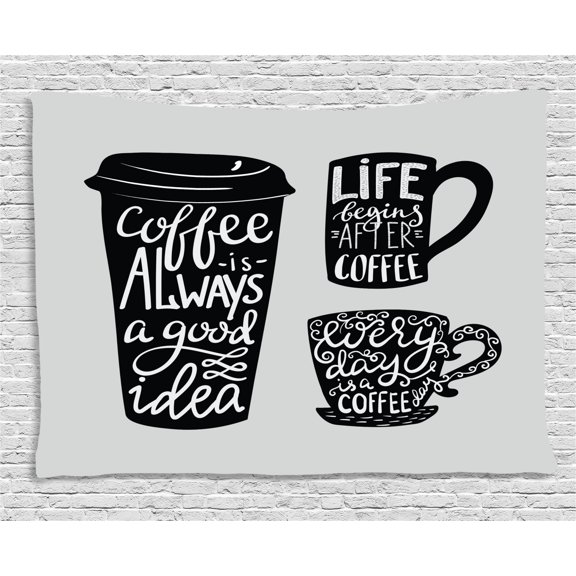 Coffee Tapestry, Quotes about Coffee with Take Away Mug Cup Silhouette Drinking Addiction Theme, Wall Hanging for Bedroom Living Room Dorm Decor, 80W X 60L Inches, Pale Grey Black, by Ambesonne