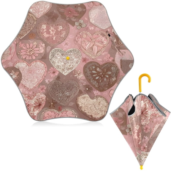 BZSMCE Folding Umbrellas Rain & UV Protection Windproof In Pastel Textured Heart Collage Pattern