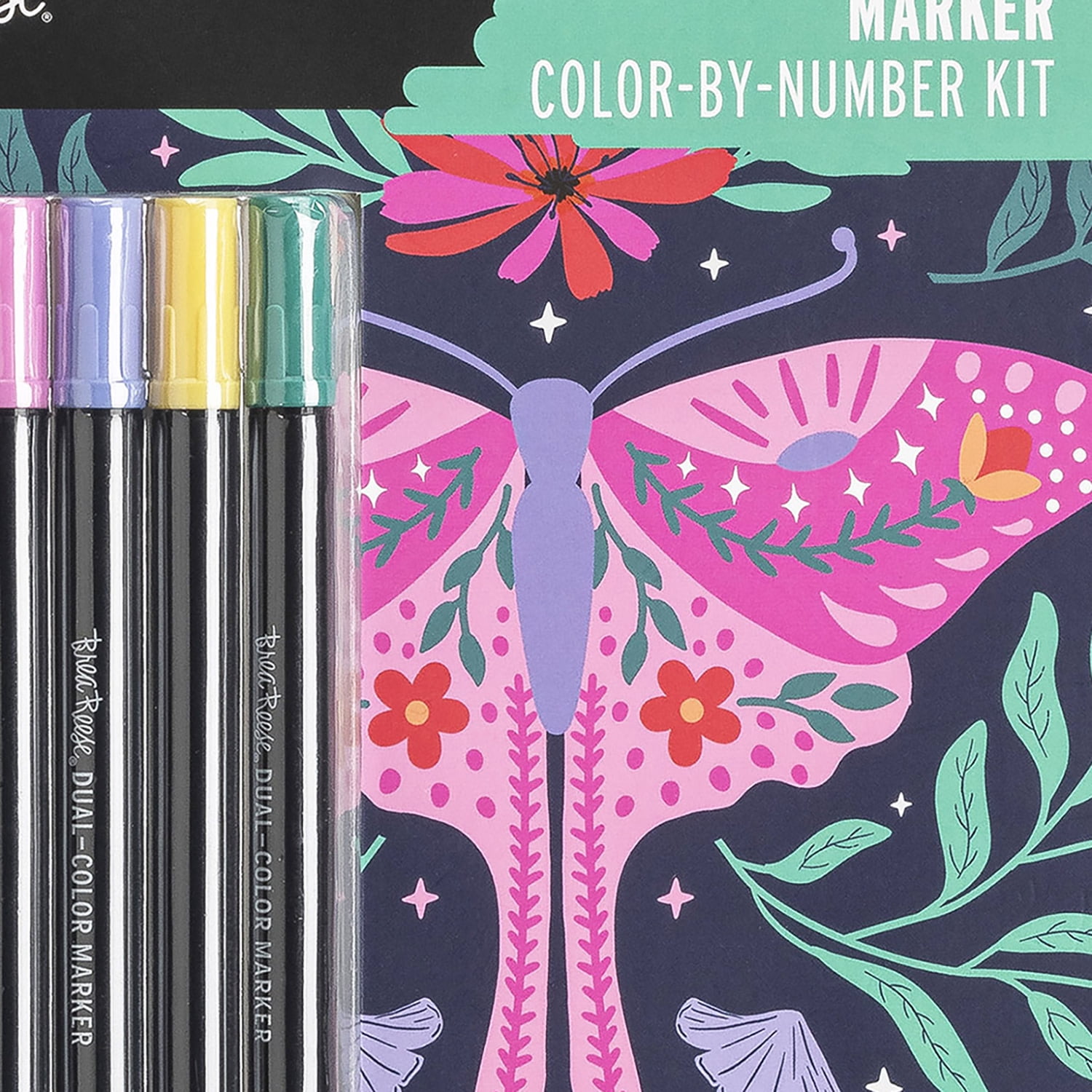 Brea Reese: Marker Color-by-Number Kit - Whimsical Botanicals - 5 Dual-Tip Markers, 12 Designs, Guided Art, 8.5 x 9.75" Pages, Adult Spiral Art Pad