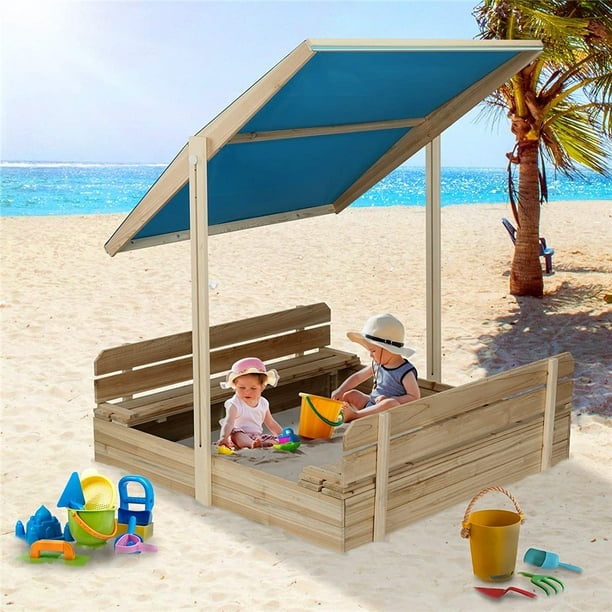 RongTrading Wooden Cabana Sandbox with Adjustable Height and UV-Resistant Canopy Shade