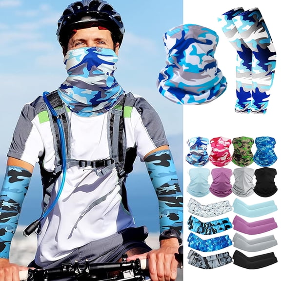 UV Sun Protection Arm Sleeves with Face Cover, Bandana Neck Gaiter Scarf Ice Silk Cooling Sleeves Set, for Women Men Summer Outdoor Activities Supplies