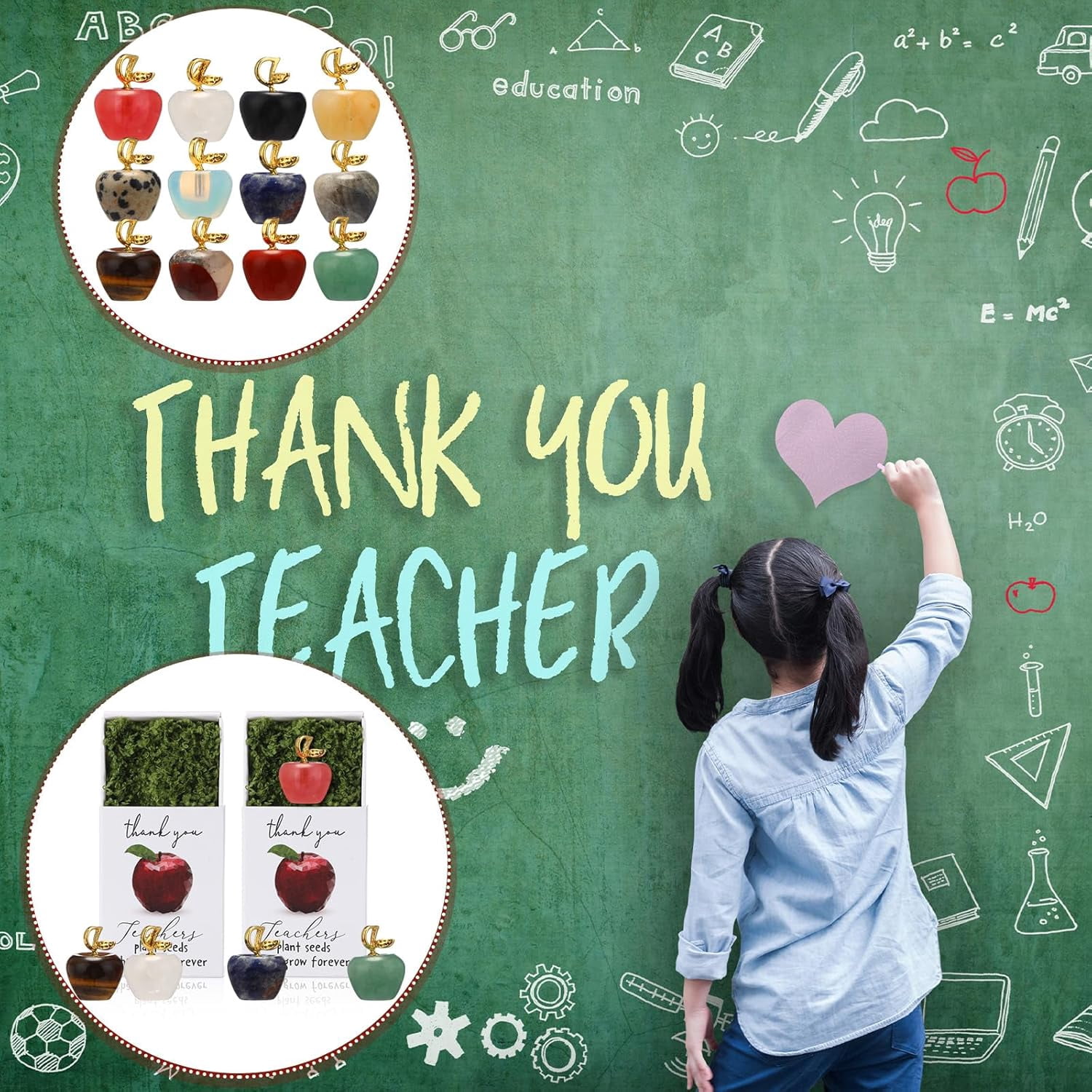 12 Sets Teacher Appreciation Gifts Bulk, Mini Crystal Apple Stone Desk Decor with Matchbox and Green Moss, Thank You Paperweight for Women Men (12 Pcs)