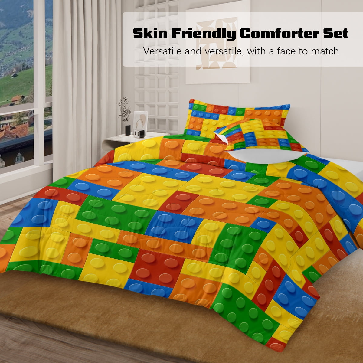 BlessLiving Kids Comforter Set, 3-Piece Colorful Blocks Yellow Cubes Bedding Sets for Boys, Full Size