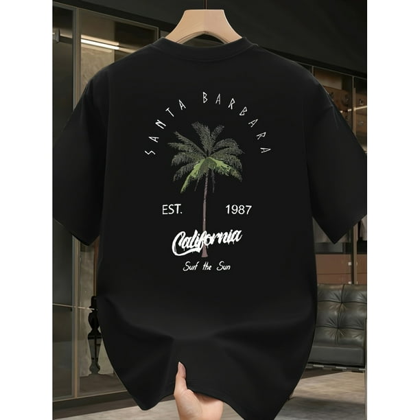 Men'S Heavy Duty 100% Cotton T-Shirt - California Palm Tree and Letter Print, Loose Casual Short Sleeve T-Shirt TEE TOP Breathable Fabric Daily T-Shirt | Crew Neck | Knitted Material, Summer Gifts