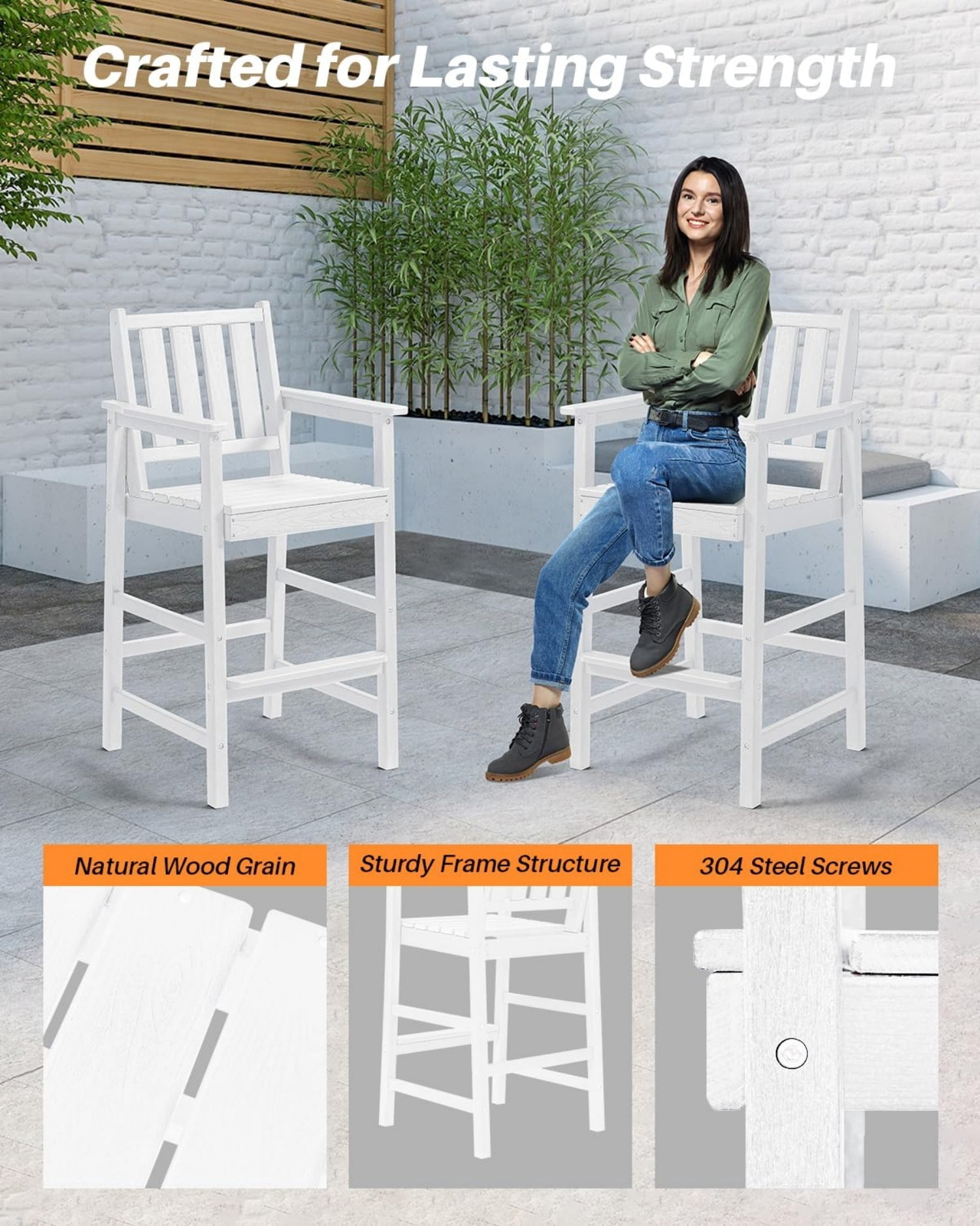 Adirondack Bar Chair Set of 2, HDPE Outdoor Bar Stools with Footrest, All Weather Adirondack Bar Height Chairs for Patio, Balcony, Porch, Deck, Poolside, Pearl