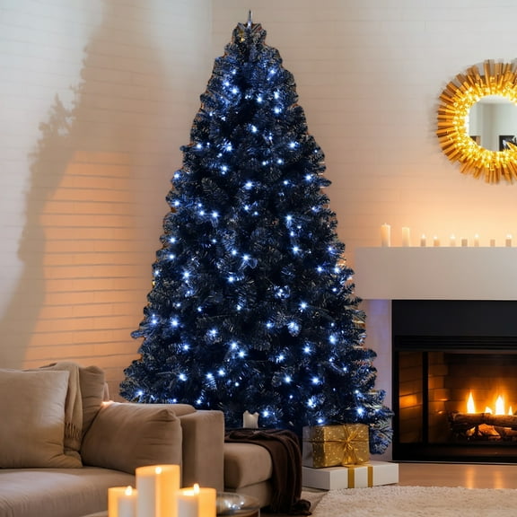 Resenkos Artificial 5ft Black LED-lit Christmas Tree with 1076PE/PVC Mixed Branch Tips,Hinged Premium & Foldable Base for Indoor Holiday Decorating, Black