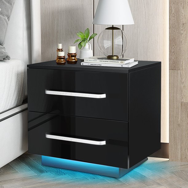 SNAILHOME High Gloss LED Nightstands, 2Drawer Tall Bedside Table White
