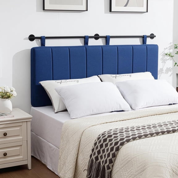Wall Mounted Queen Size Upholstered Headboard, Dark Blue Vertical Channel Fluted Linen Design