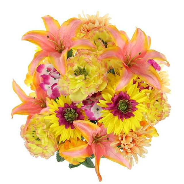 GPB7357-PK-YW MIX 24 Stems Faux Full Blooming Ranunculus, Lily, Hydrangea Mixed Flower Bush - Pink, Yellow Mix