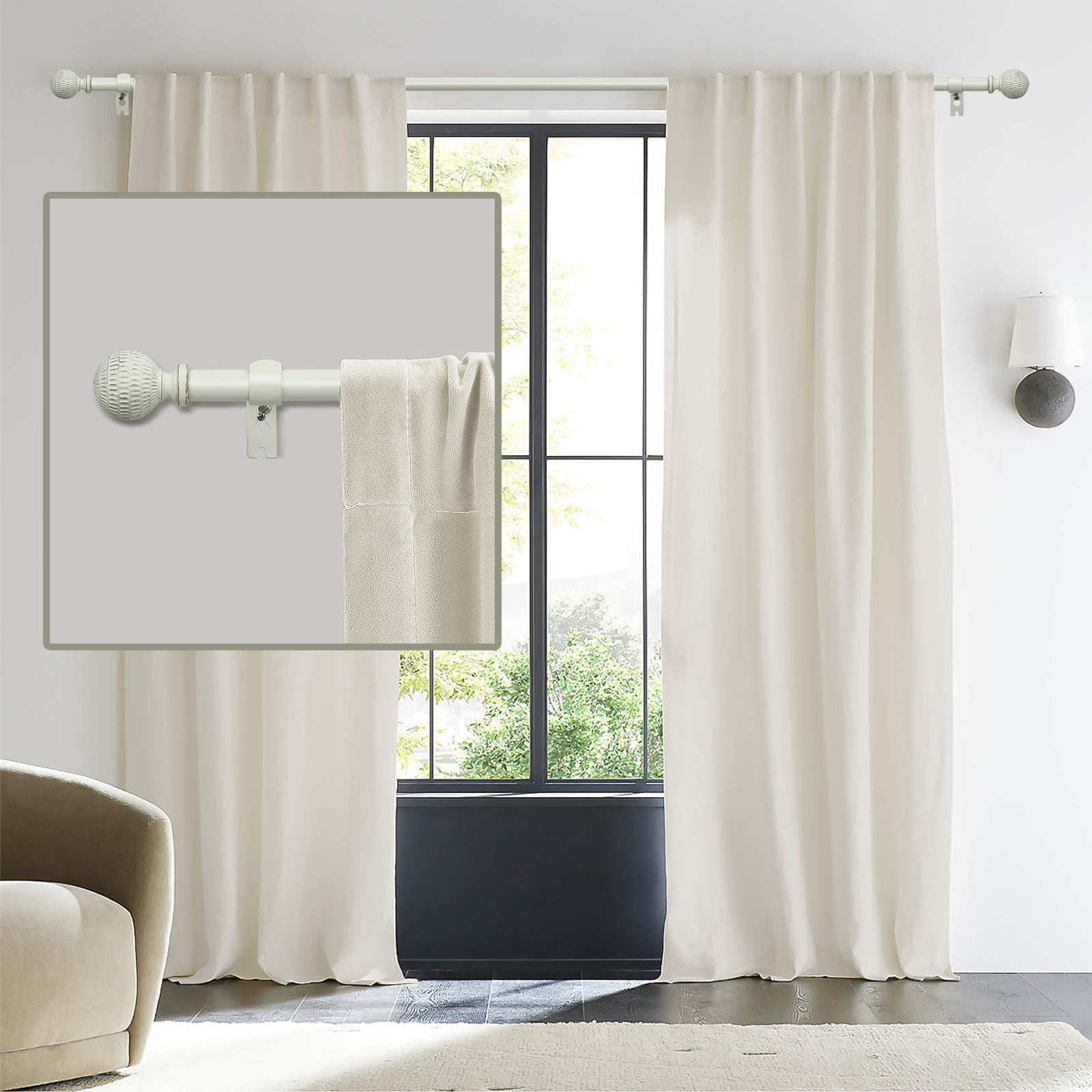 Ridicili 5/8" Single Telescoping Curtain Rod with Reticulated Ball Finials,Weathered White, 84"-120"