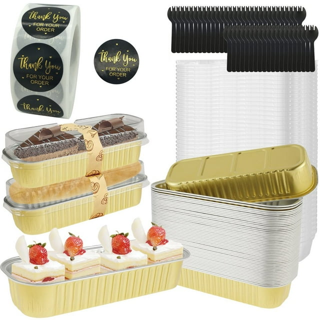 50Pcs Mini Loaf Pans with Lids and Spoons 6.8oz Rectangle Aluminum Foil Baking Pans Reusable Mini Bread Containers Muffin Tins Heat-Resistant Narrow Cake Pans for Mini Brownie Cake Bread