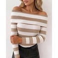 thumbnail image 3 of CHICME Striped Sweaters for Women Off Shoulder Long Sleeve Knit Sweater Soft Stretchy Slim Fit Pullover Khaki-S Party Tops, 3 of 9