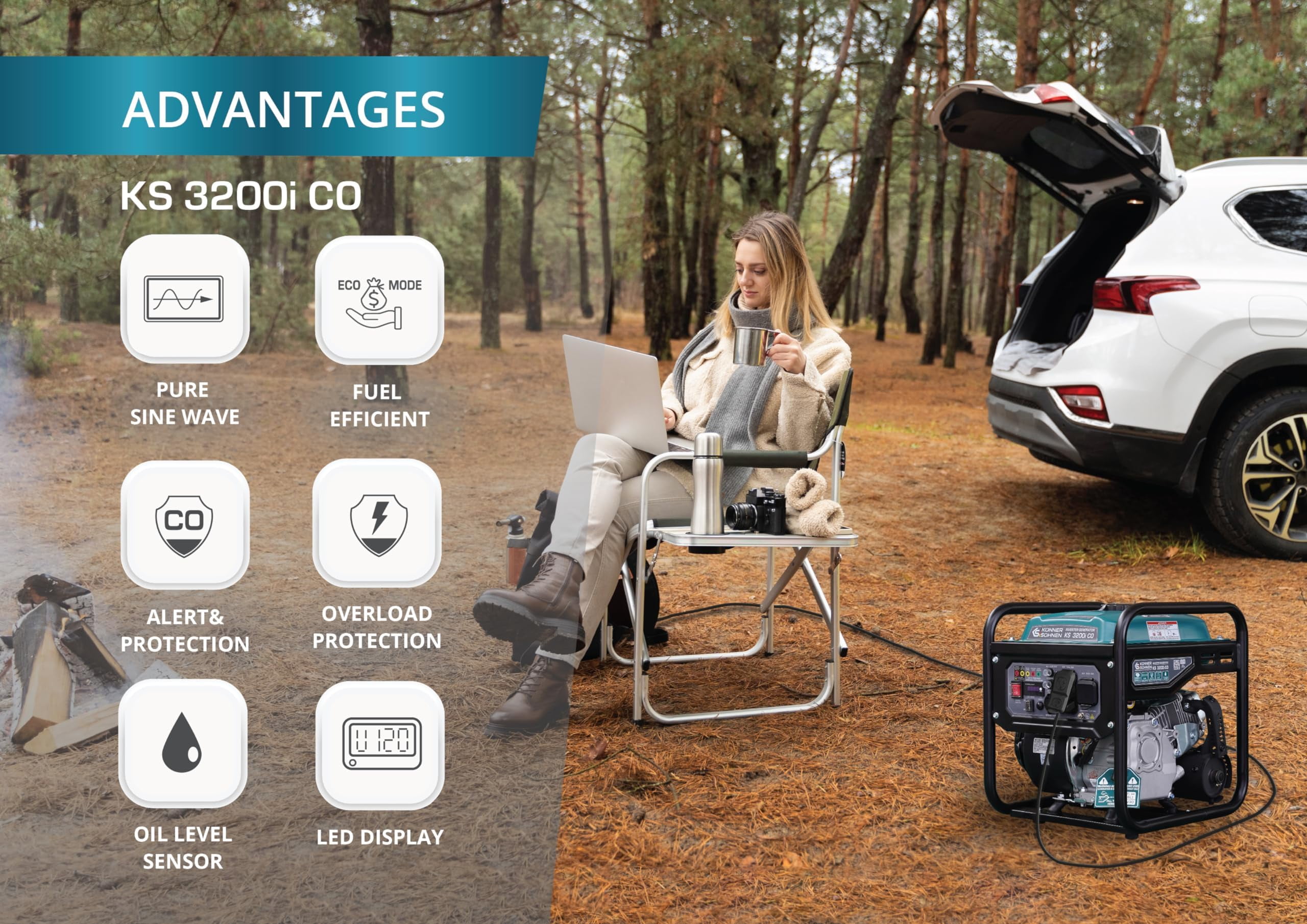 Konner & Sohnen Gasoline Inverter Generator 3200 Watts with CO Sensor and Fuel-Efficient Technology Open Frame Recoil Start for Home Backup Camping