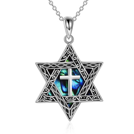 MYSTICPOEM Star of David Cross Necklace for Women Men Sterling Silver Cross Abalone Shell Jewish Jewelry