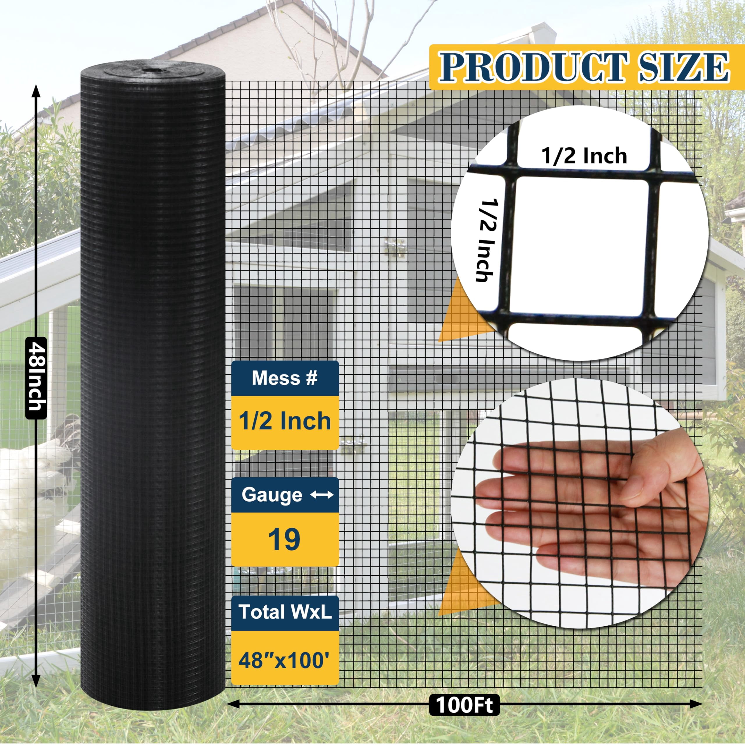 Bibana Hardware Cloth, 1/2 Inch 48" x 100 ft Black Vinyl Metal Mesh Roll, 19 Gauges Chicken Wire Fence Roll, Welded Wire Fencing PVC Coated Wire Fence Rolls for Chicken Coop, Poultry