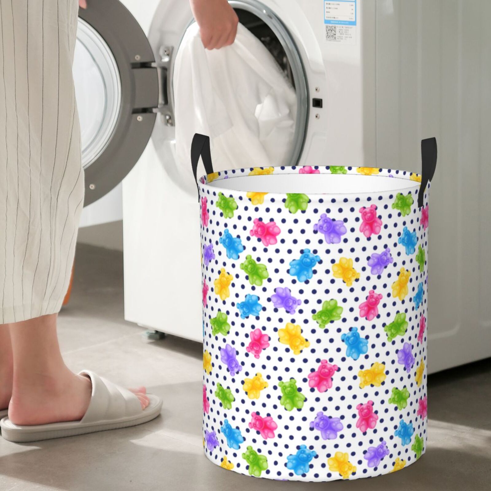Large Laundry Basket with Handles - Bear And Polka Dot Kids Baby Dirty Clothes Laundry Hamper for Bedroom Aesthetic