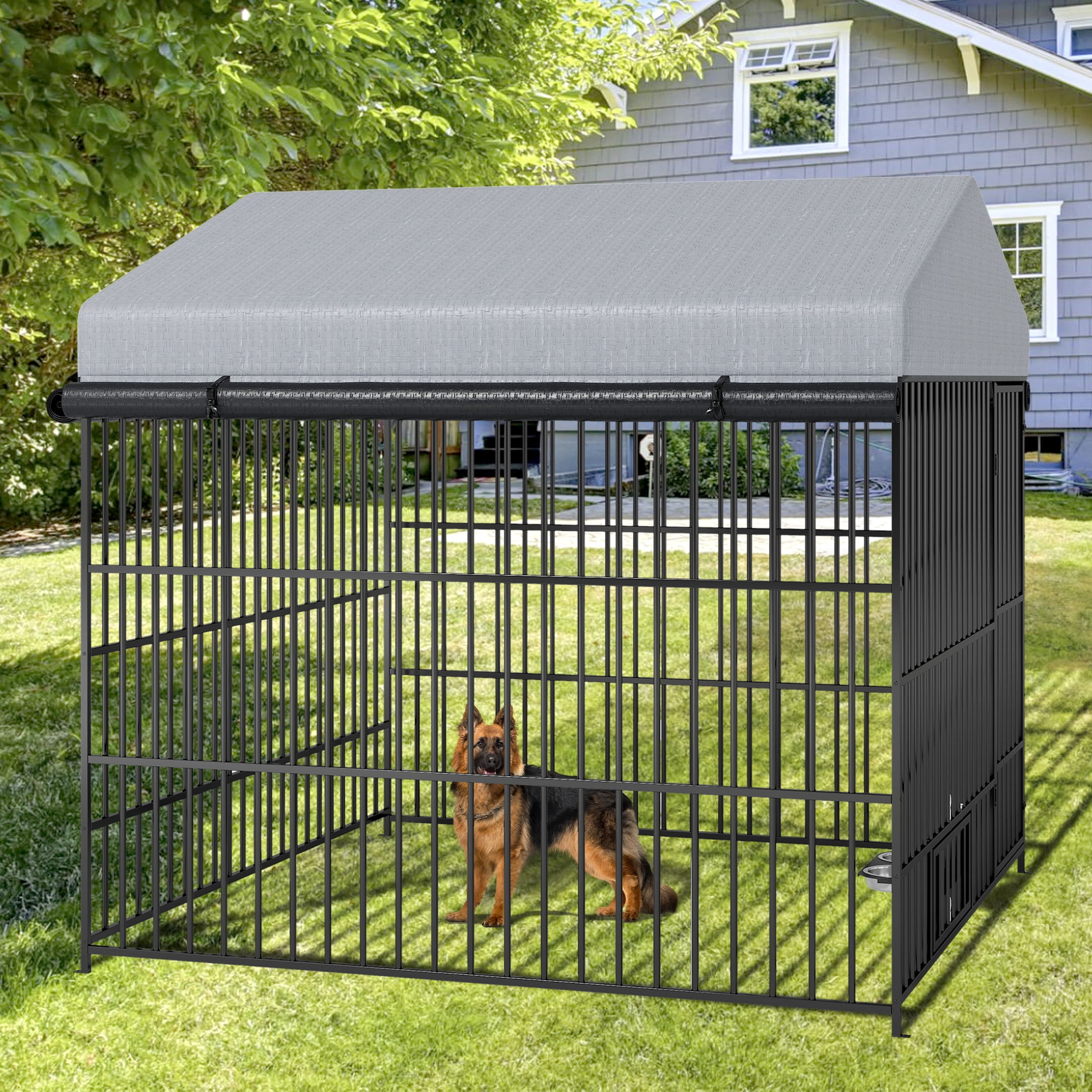 Aukfa 6.6'L x 6.6'W Metal Large Dog Kennel, Outdoor Pet Pens Animal Run Coop Fence with Roof Cover