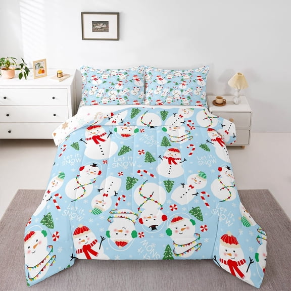 Feelyou Winter Snowman Full Size Comforter Sets for Teen, Xmas Tree Bedding Comforter Set, Merry Christmas Reversible Bedding Sets, Microfiber Bedroom Decor, 3 Pieces